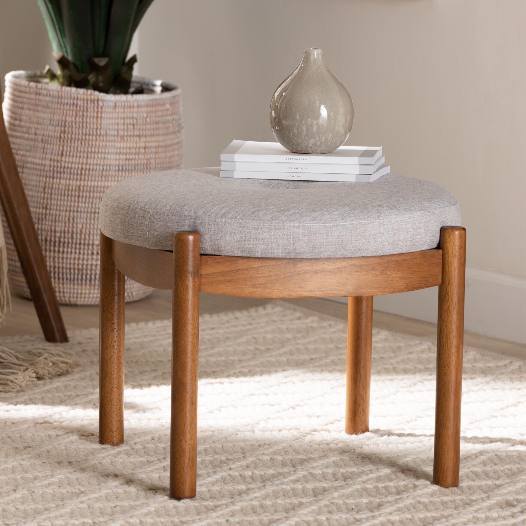 Iliana Japandi Dark Grey Fabric And Walnut Brown Finished Wood Ottoman Footstool, , alternate image number 4