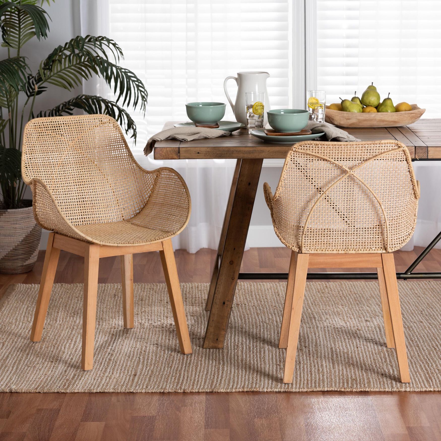 Ballerina Japandi Natural Brown Finished Mahogany Wood and Rattan 2-Piece Dining Chair Set, , alternate image number 12
