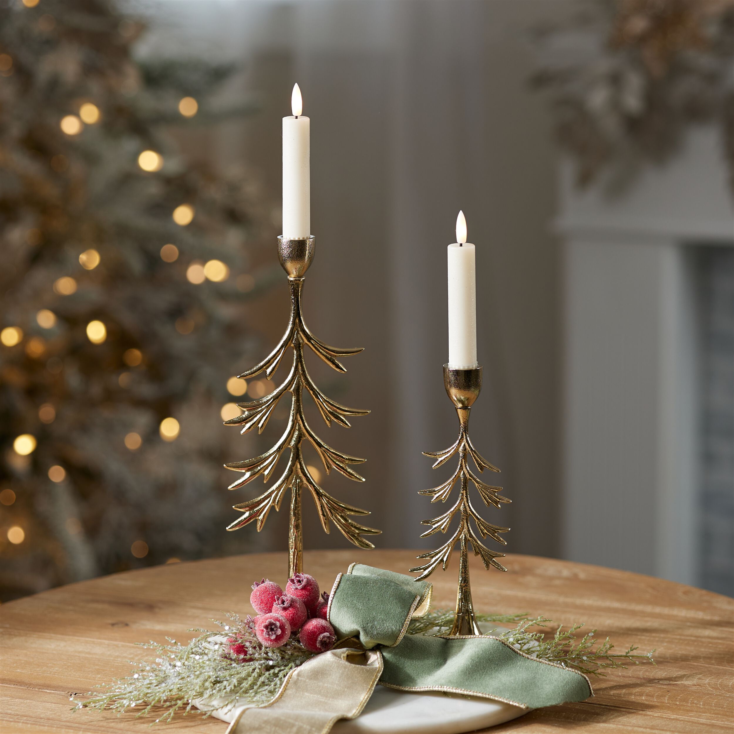 Metal Pine Tree Taper Candle Holder (Set of 2), GOLD, alternate image number 1