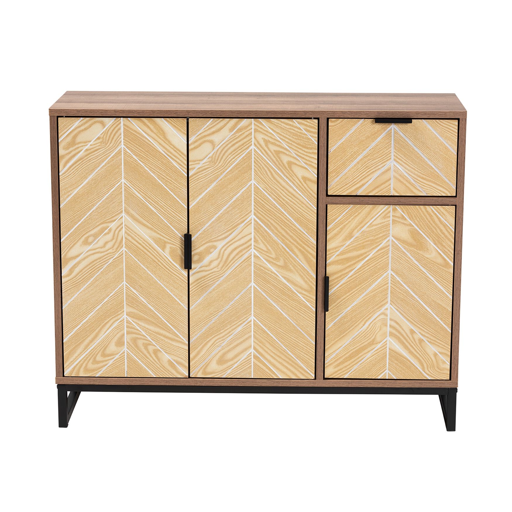 Josephine Mid-Century Modern Transitional Two-Tone Walnut And Natural Brown Finished Wood And Black Metal 3-Door Sideboard, , alternate image number 2