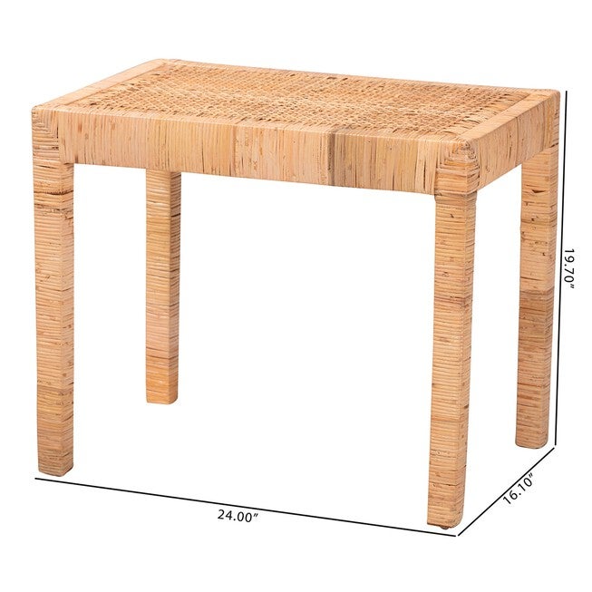 Abelia Modern Bohemian Natural Rattan And Mahogany Wood Short Accent Bench, , alternate image number 7