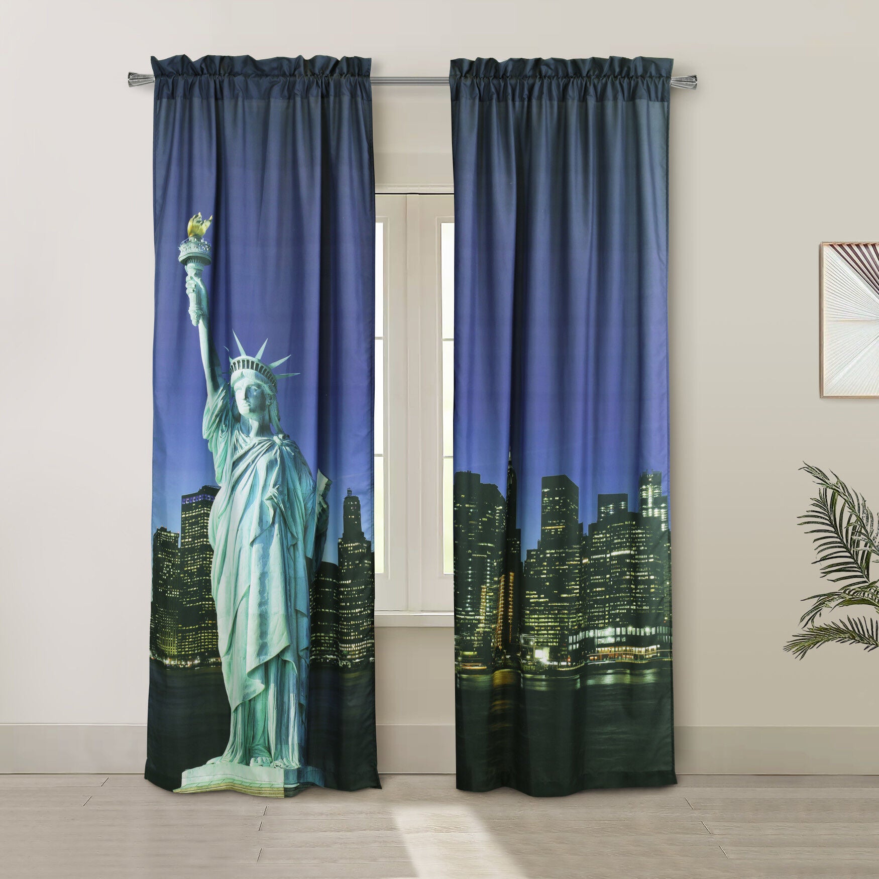 Photo Real Statue Of Liberty Light Filtering Pole Top Curtain Panel Pair, MULTI, hi-res image number 0