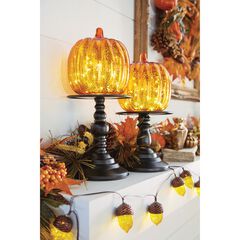 14½"H x 6"Diam Pre-Lit Glass Pumpkin on Stand