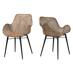 Ballerina Modern Bohemian Greywashed Rattan And Natural Brown Finished Wood 2-Piece Dining Chair Set