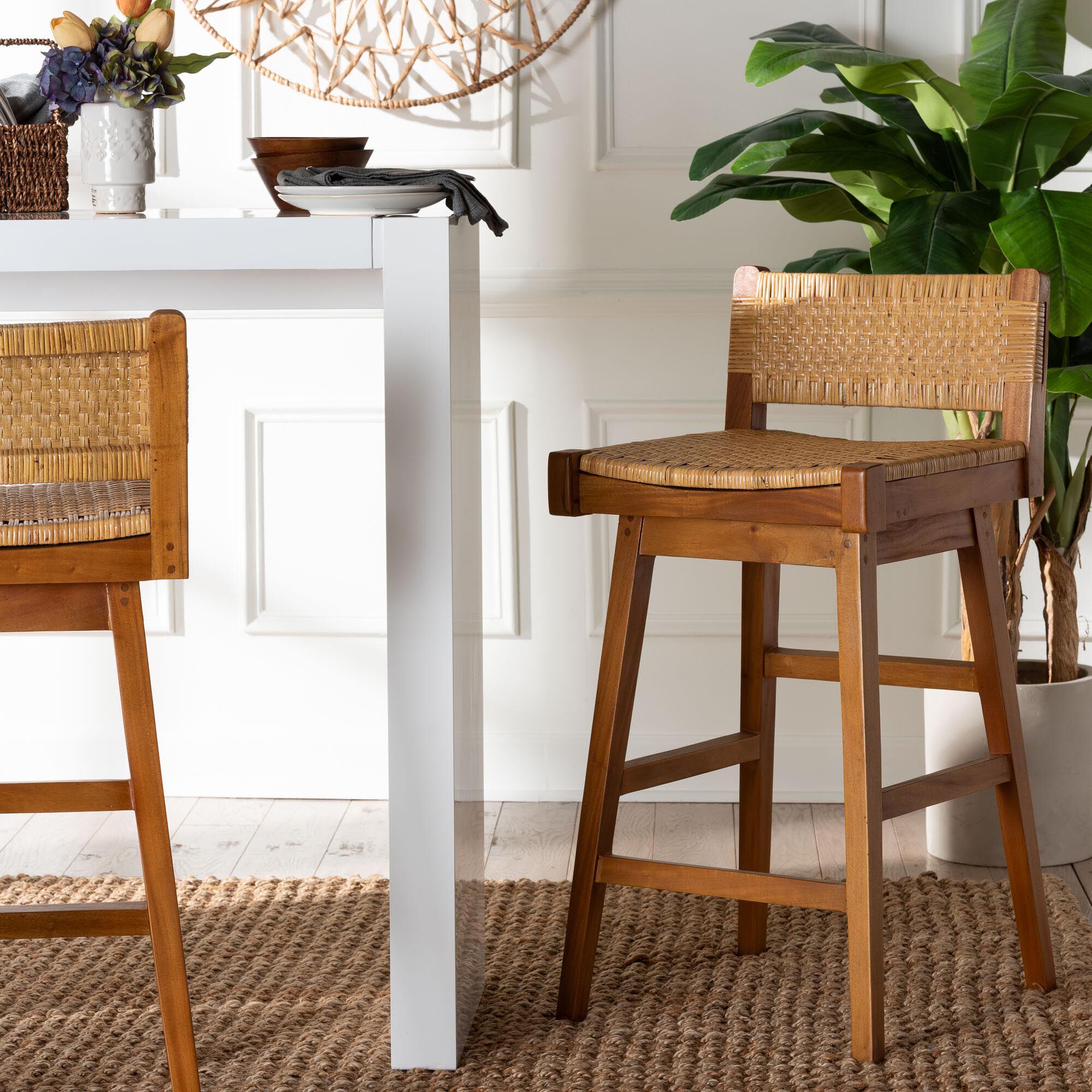 Asgart Bohemian Natural Rattan and Mahogany Wood Bar Stool, HONEY, hi-res image number 0