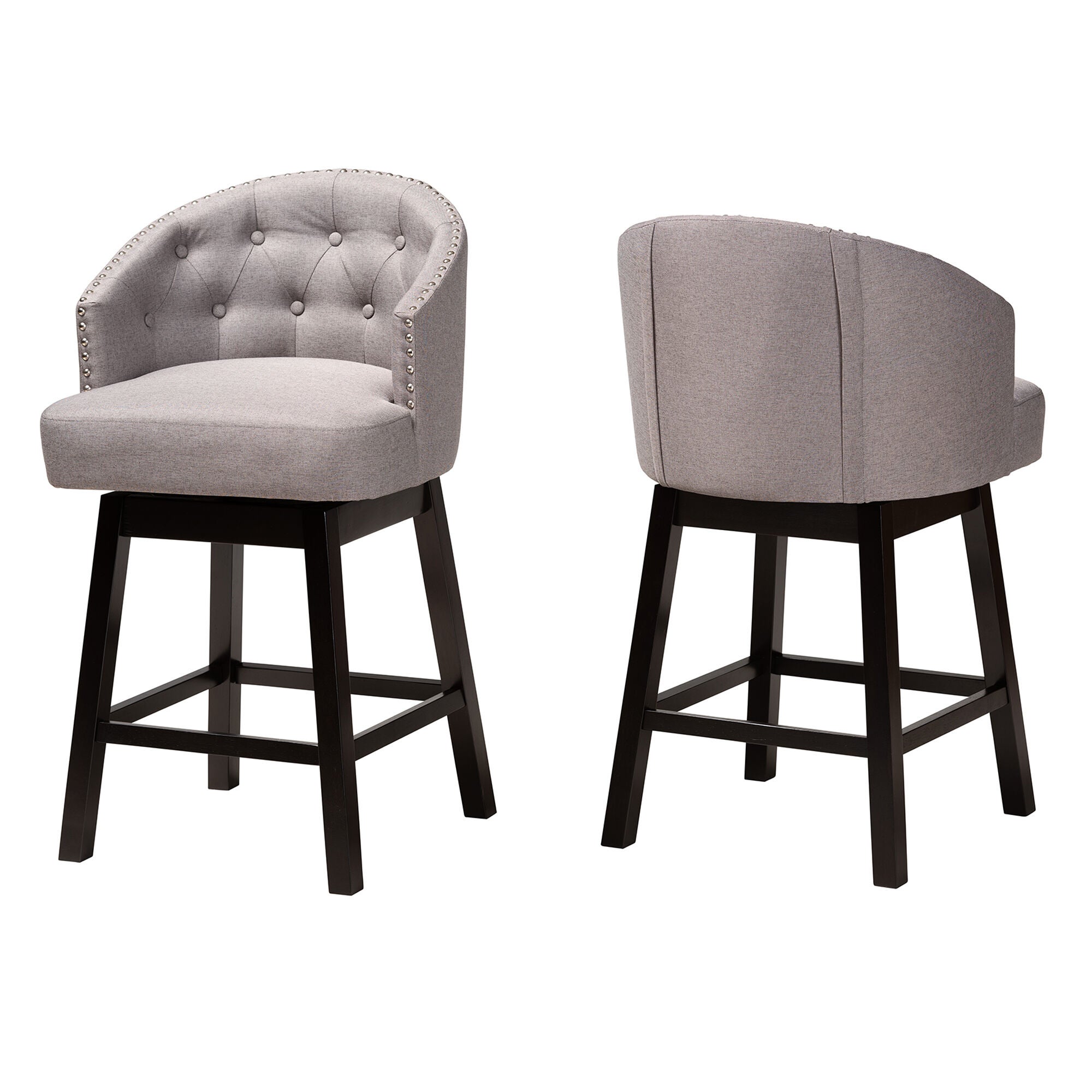 Theron Mid-Century Transitional Black Faux Leather and Espresso Brown Finished Wood 2-Piece Swivel Counter Stool Set, BROWN, alternate image number 14