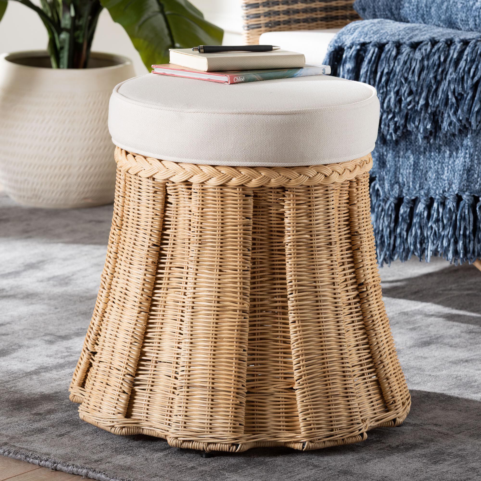 Ying Round Natural Rattan Ottoman with Cushion, BROWN, hi-res image number 0