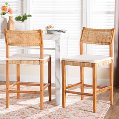 Chatura Natural Rattan and Mahogany Wood 2-Piece Counter Stool Set