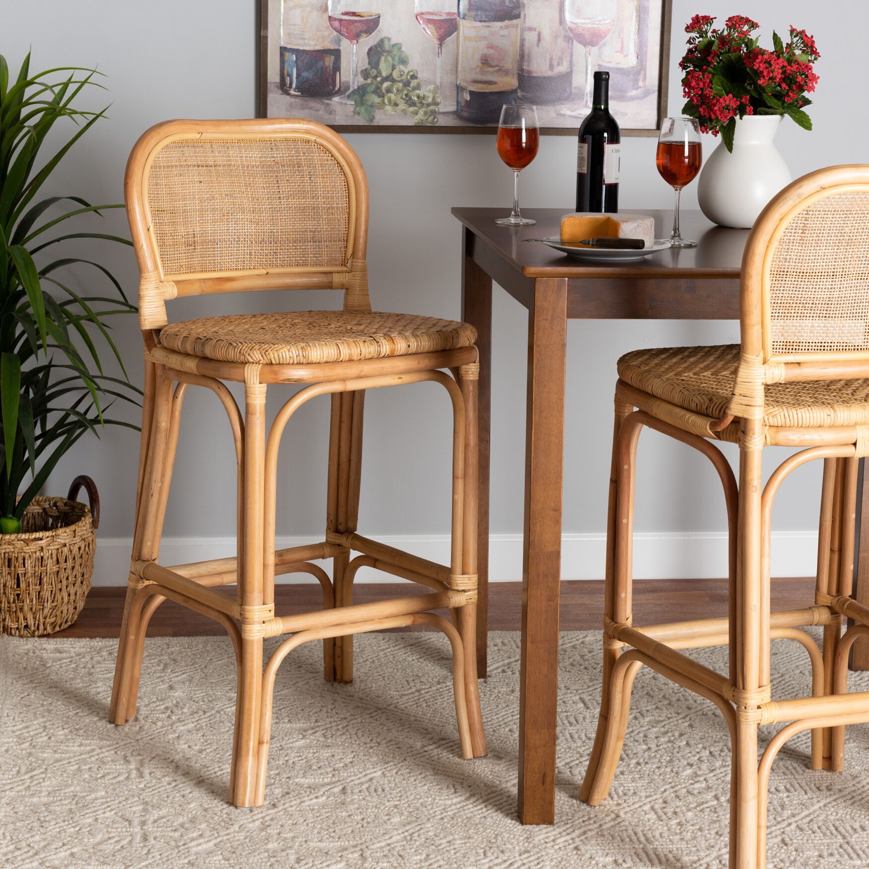 Adrena Modern Bohemian Natural Brown Rattan Bar Stool, , alternate image number 13