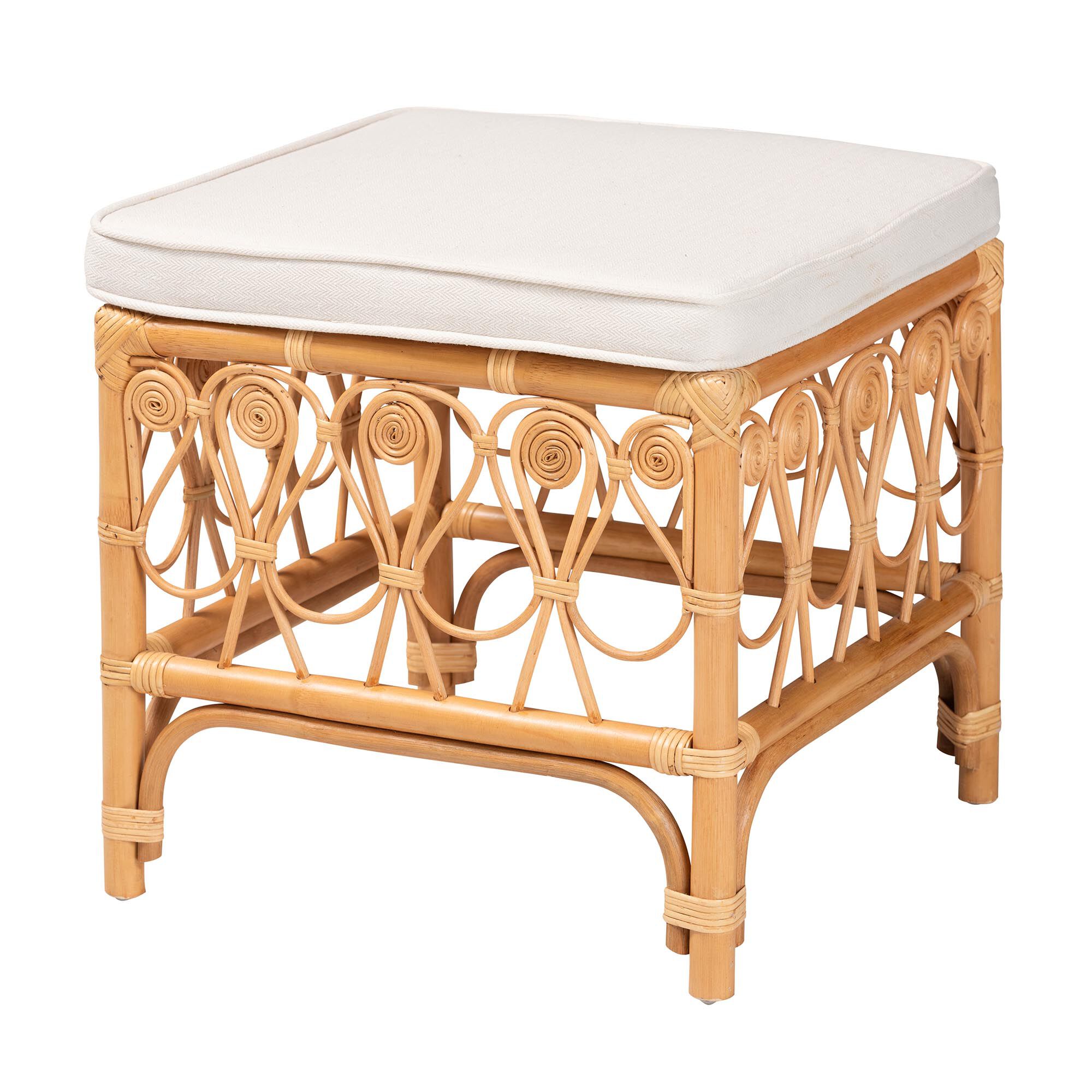 Ibiza Modern bohemian Natural Brown Rattan Footstool, WHITE, alternate image number 2