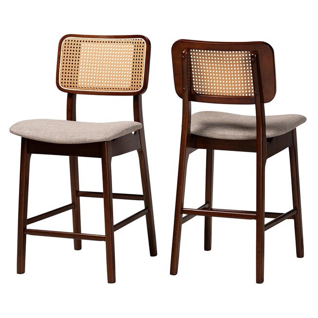 Dannon Mid-Century Modern Grey Fabric And Walnut Brown Finished Wood 2-Piece Counter Stool Set, GREY WALNUT BROWN, hi-res image number null