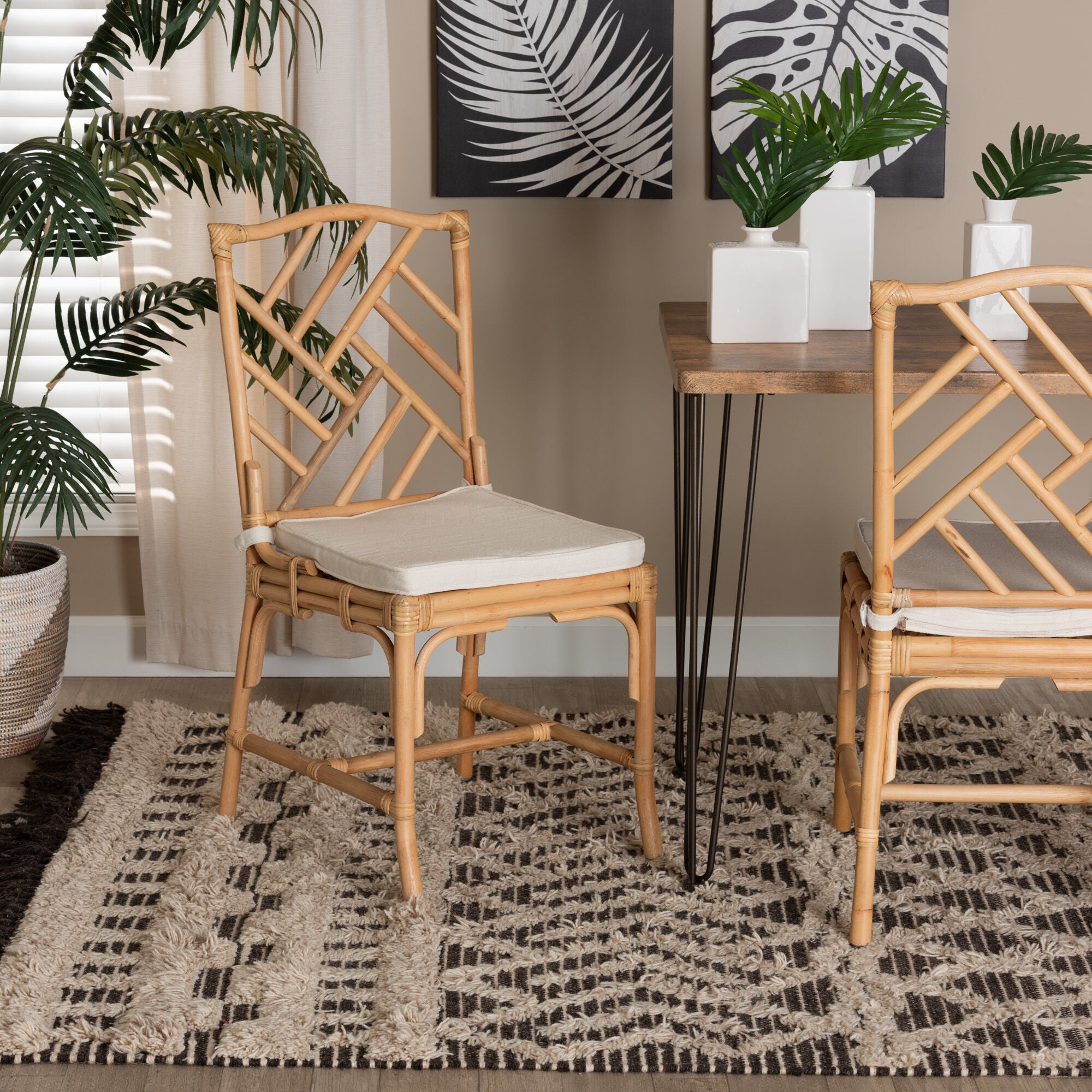 Rio Modern Bohemian Natural Brown Rattan Dining Chair, WHITE, hi-res image number 0