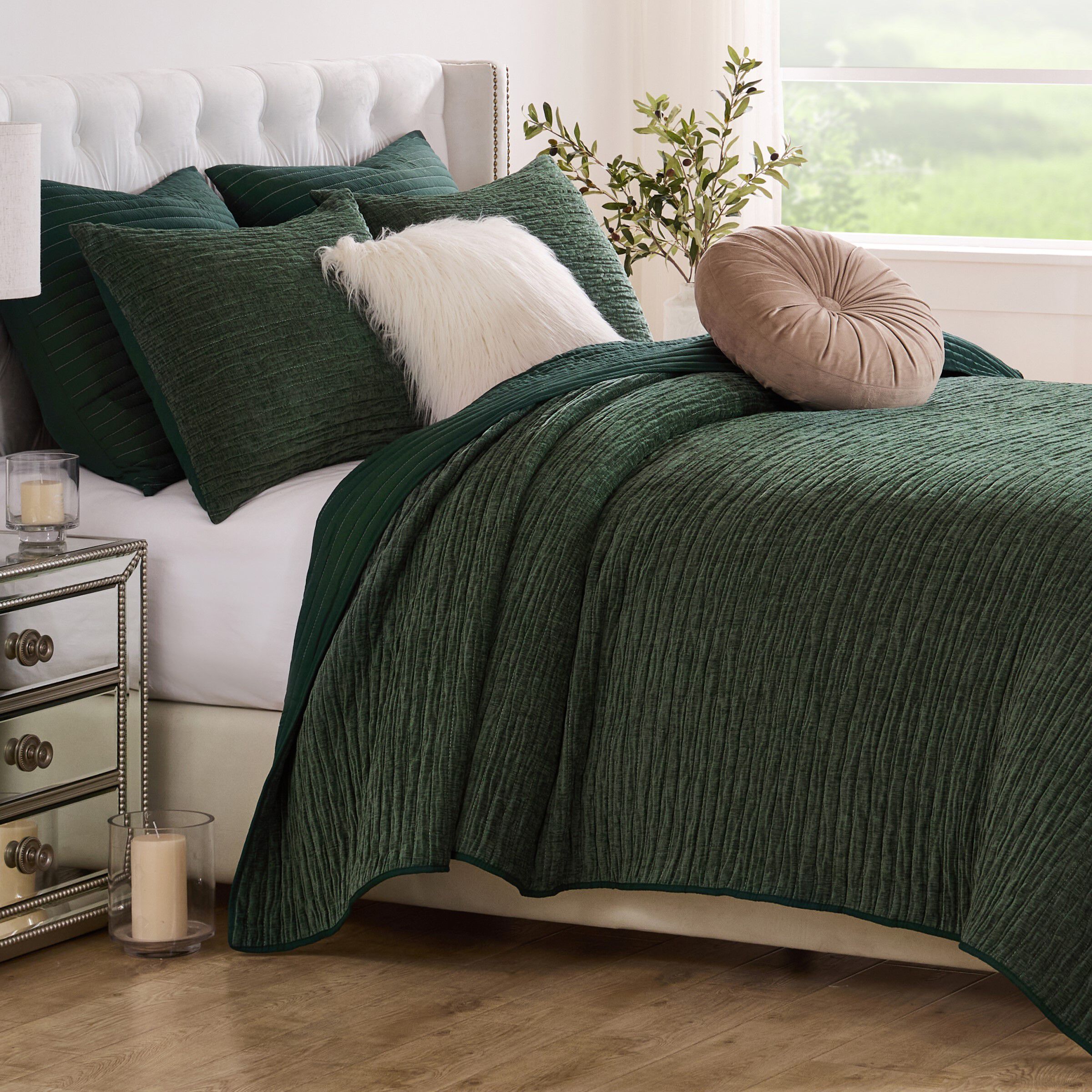 Velvet Crush Textured Finely Stitched Quilt Set, FOREST, hi-res image number 0