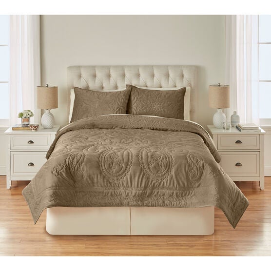 Embroidered Velvet Quilt Set, BEIGE, hi-res image number null