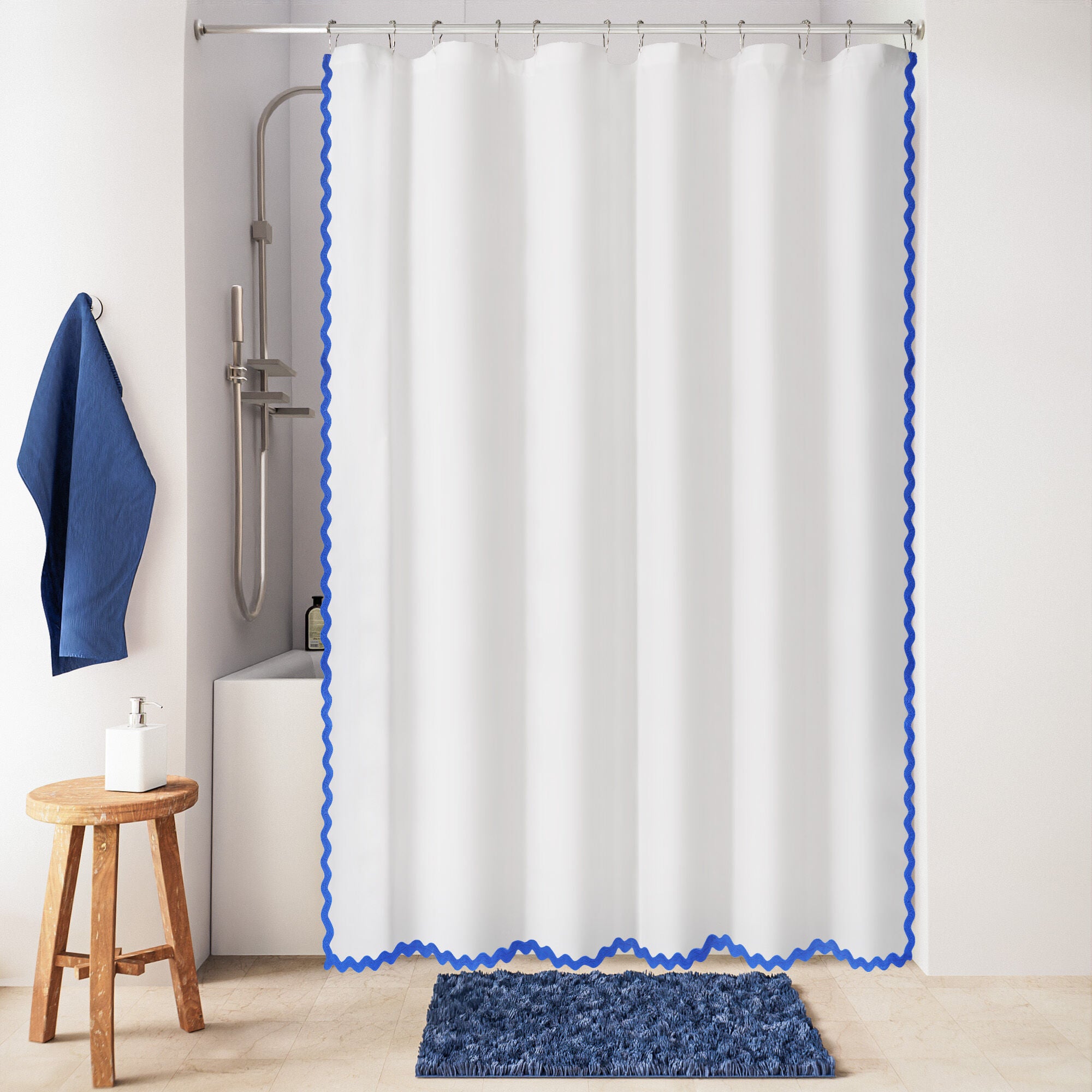 Scalloped Fabric Shower Curtain, BLUE, hi-res image number 0