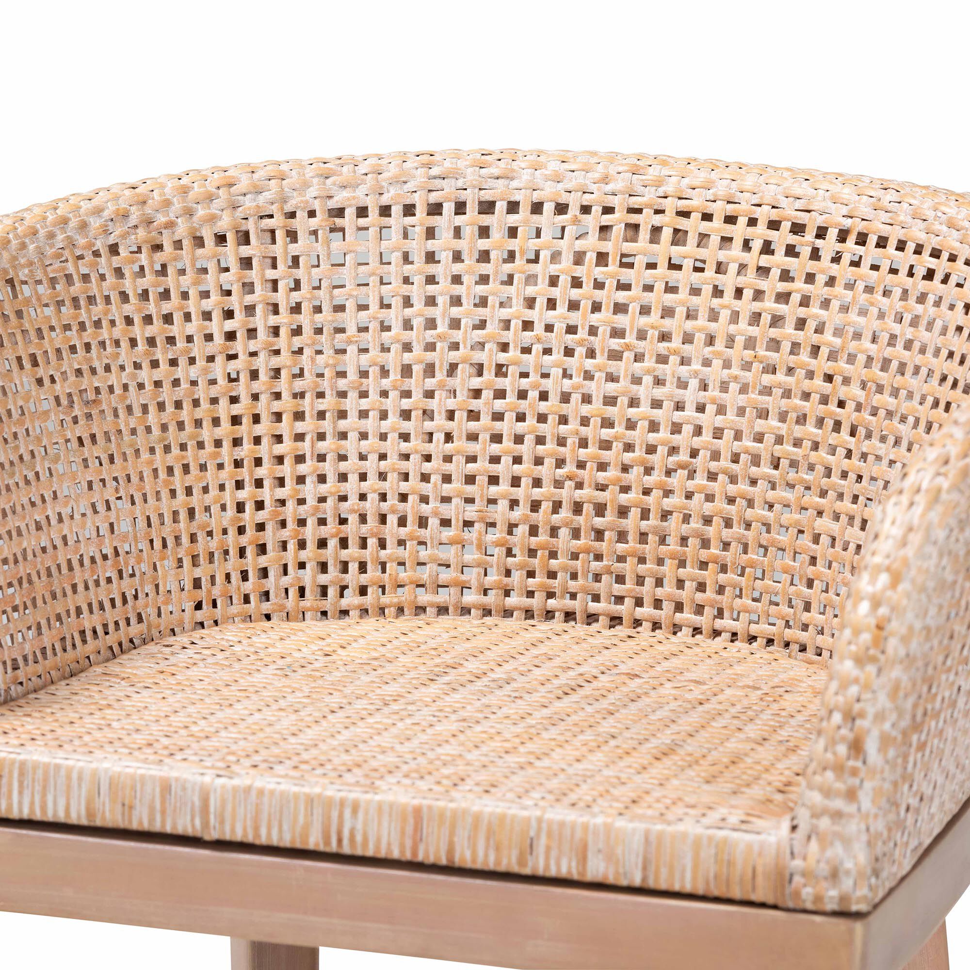 Papua Modern Bohemian Antique White Washed Rattan and Mahogany Wood Counter Stool, BROWN, alternate image number 5