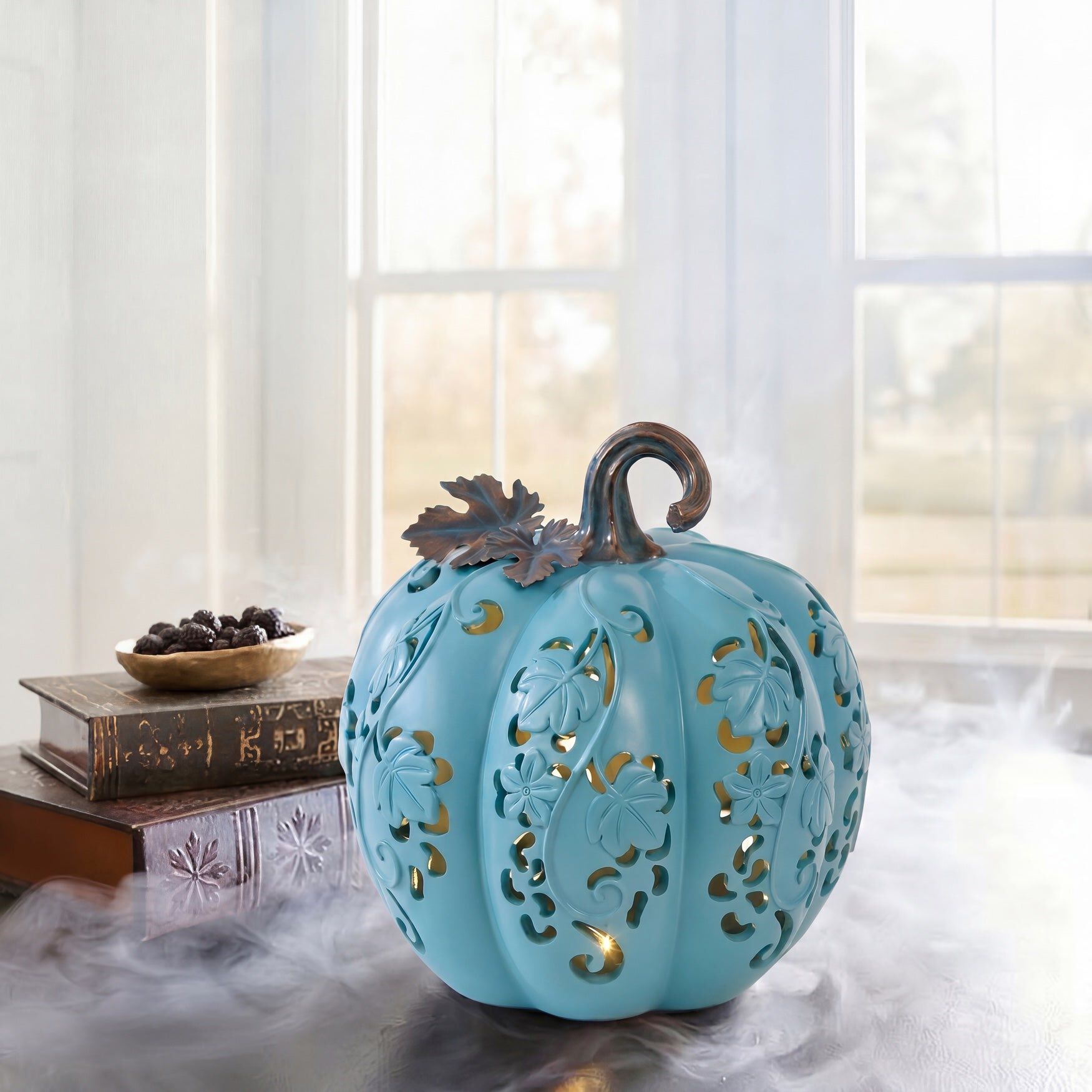 Pre-Lit Carved Resin Pumpkin, BLUE, hi-res image number 0