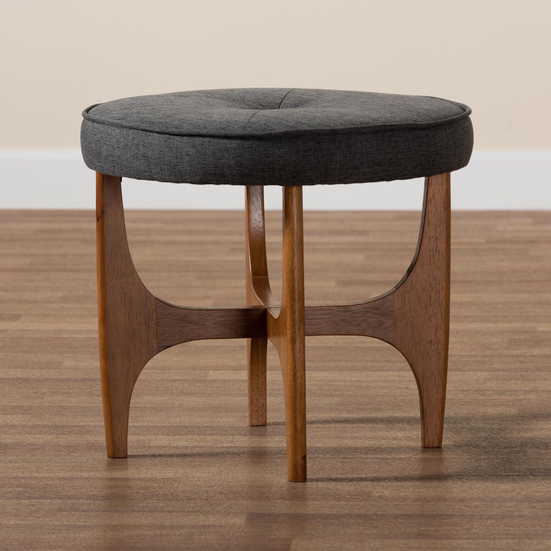 Theo Japandi Dark Grey Fabric And Walnut Brown Finished Wood Ottoman Footstool, , alternate image number 11