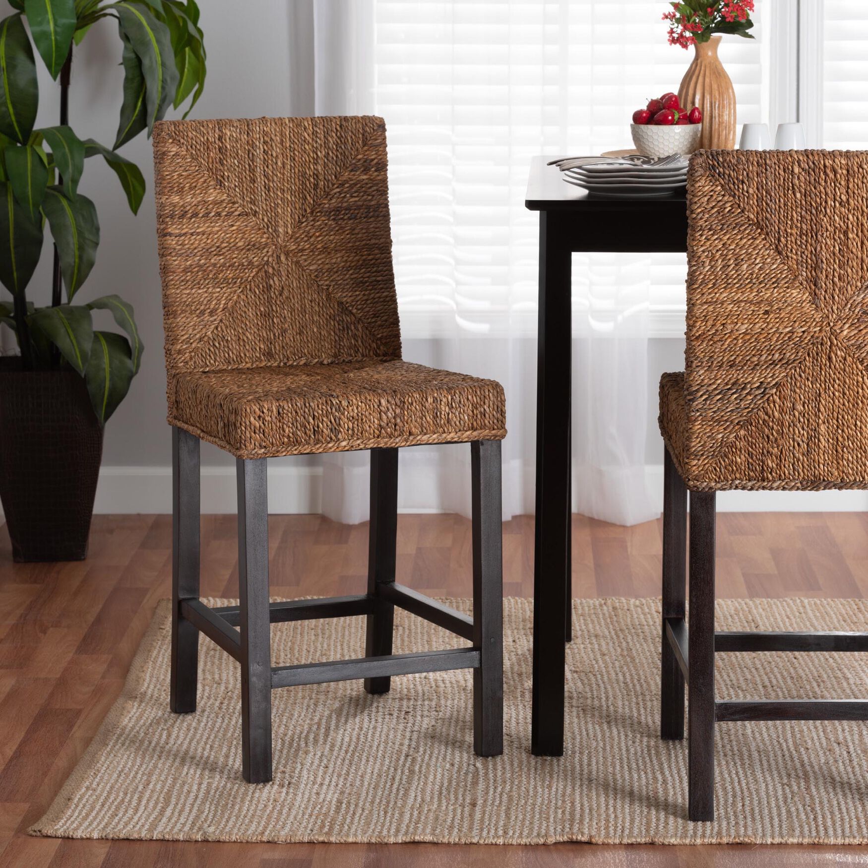 Laymi Modern Bohemian Dark Brown Mahogany Wood and Seagrass Counter Stool, , alternate image number 13