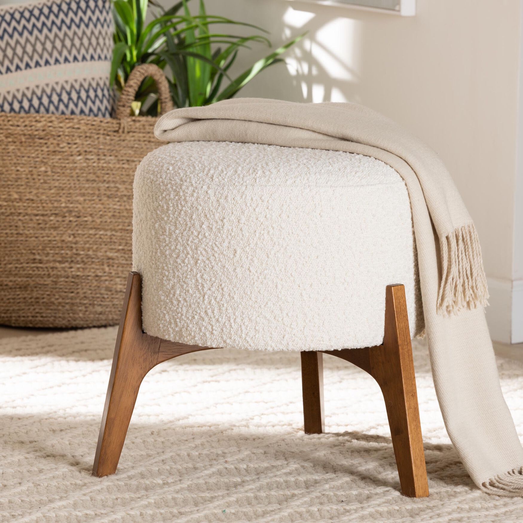 Elkie Japandi Cream Boucle Fabric And Walnut Brown Finished Wood Ottoman Footstool, , alternate image number 4