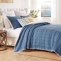 Portofino Finely Stitched Ruffled Quilt Set, Blue, 3-Piece King