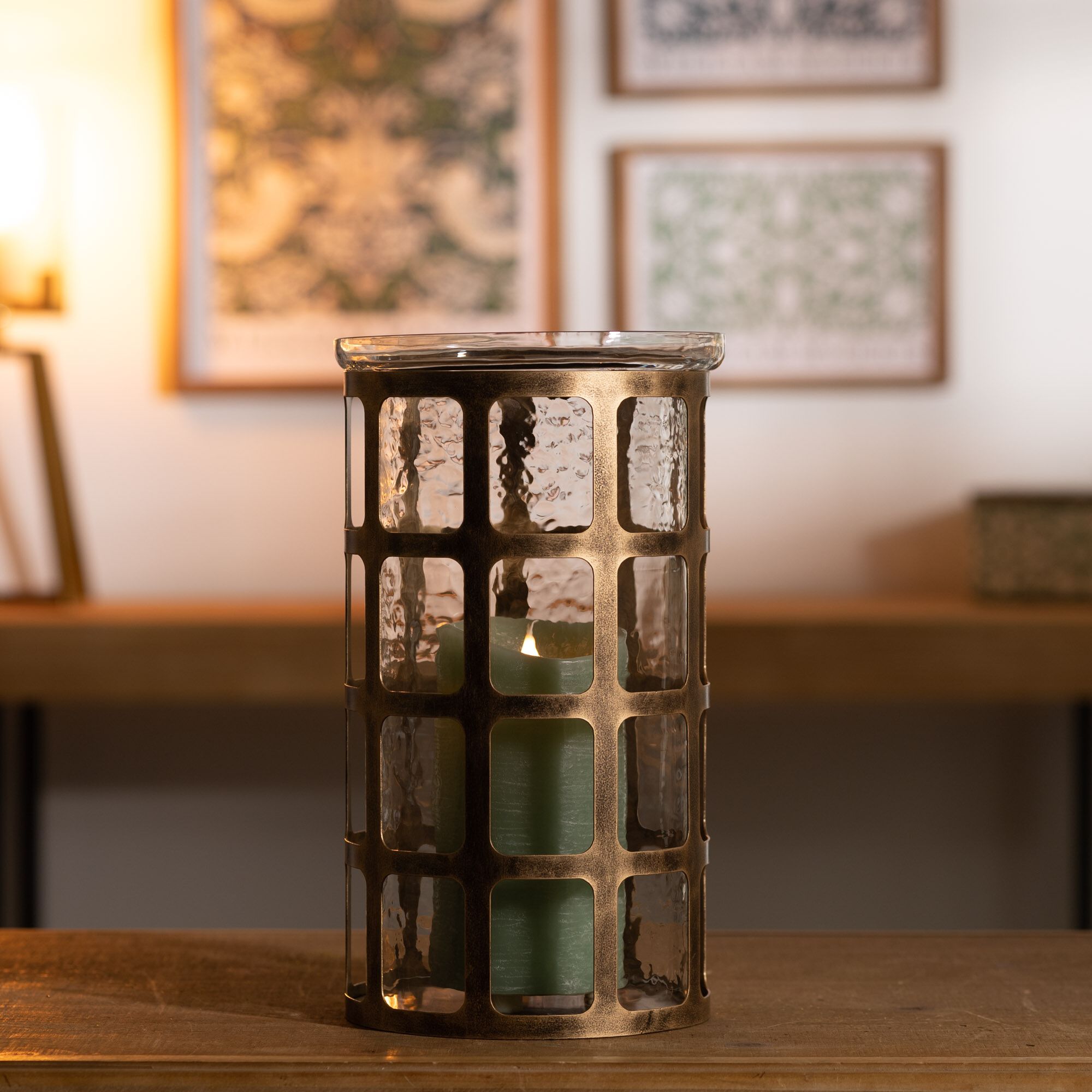 Wavy Glass Candle Holder with Distressed Metal Frame 12.25 inchesH, GOLD, alternate image number 3