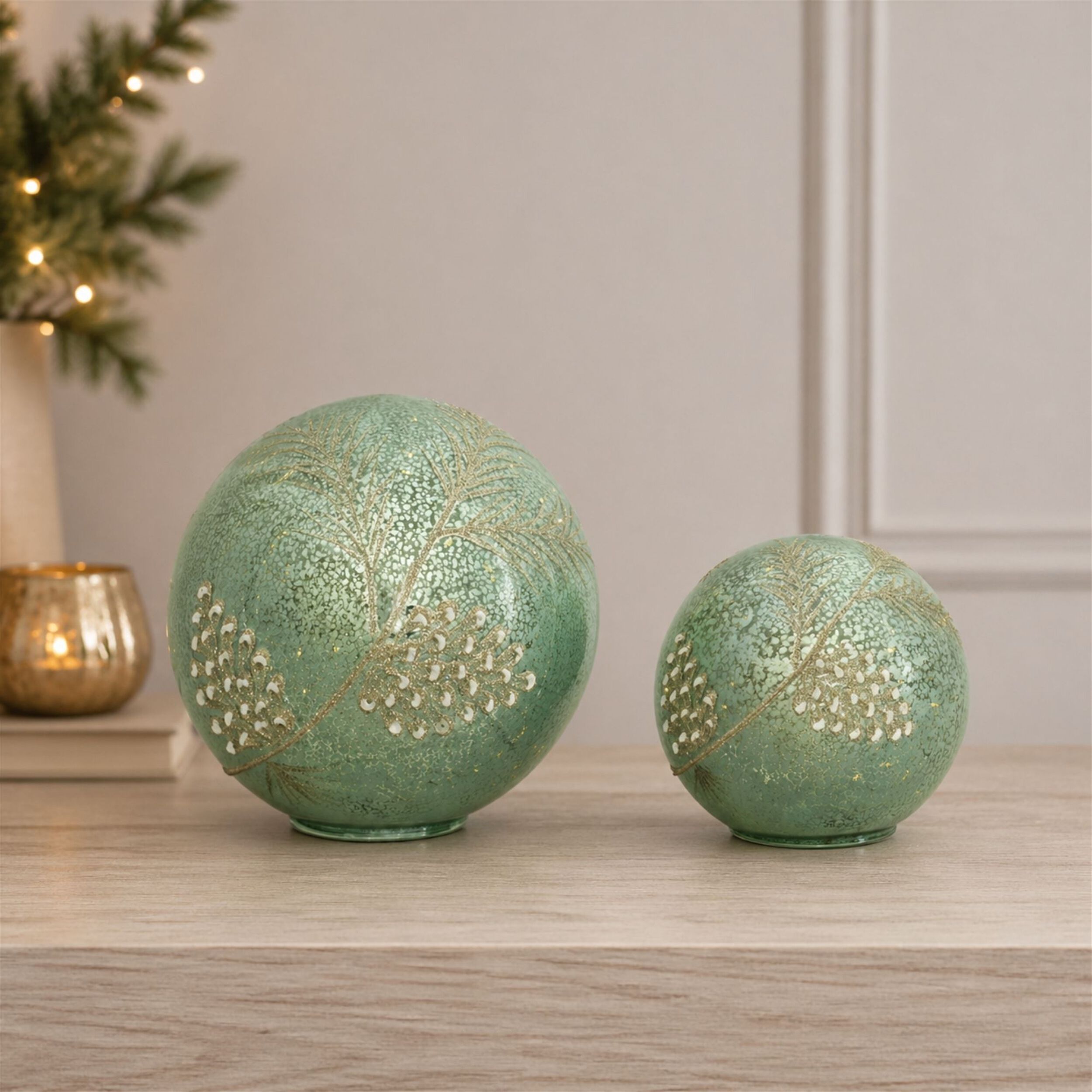 LED Pinecone Globe (Set of 2), BLUE GREEN SILVER, alternate image number 1