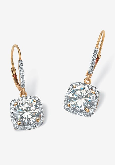 Yellow Gold over Sterling Silver Halo Drop Earrings Cubic Zirconia, GOLD, hi-res image number null