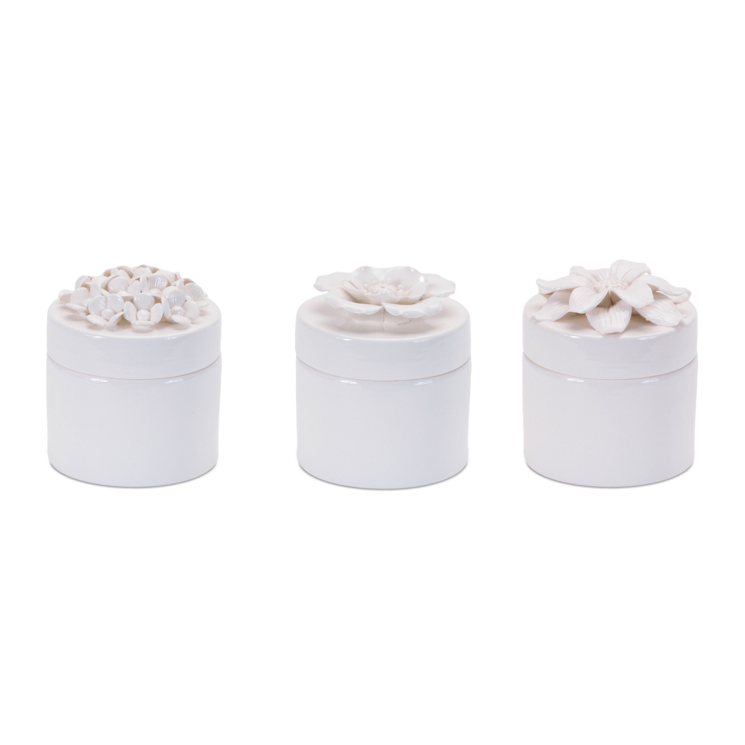 Stoneware Box with Floral Lid Accent Set of 3, WHITE, hi-res image number 0