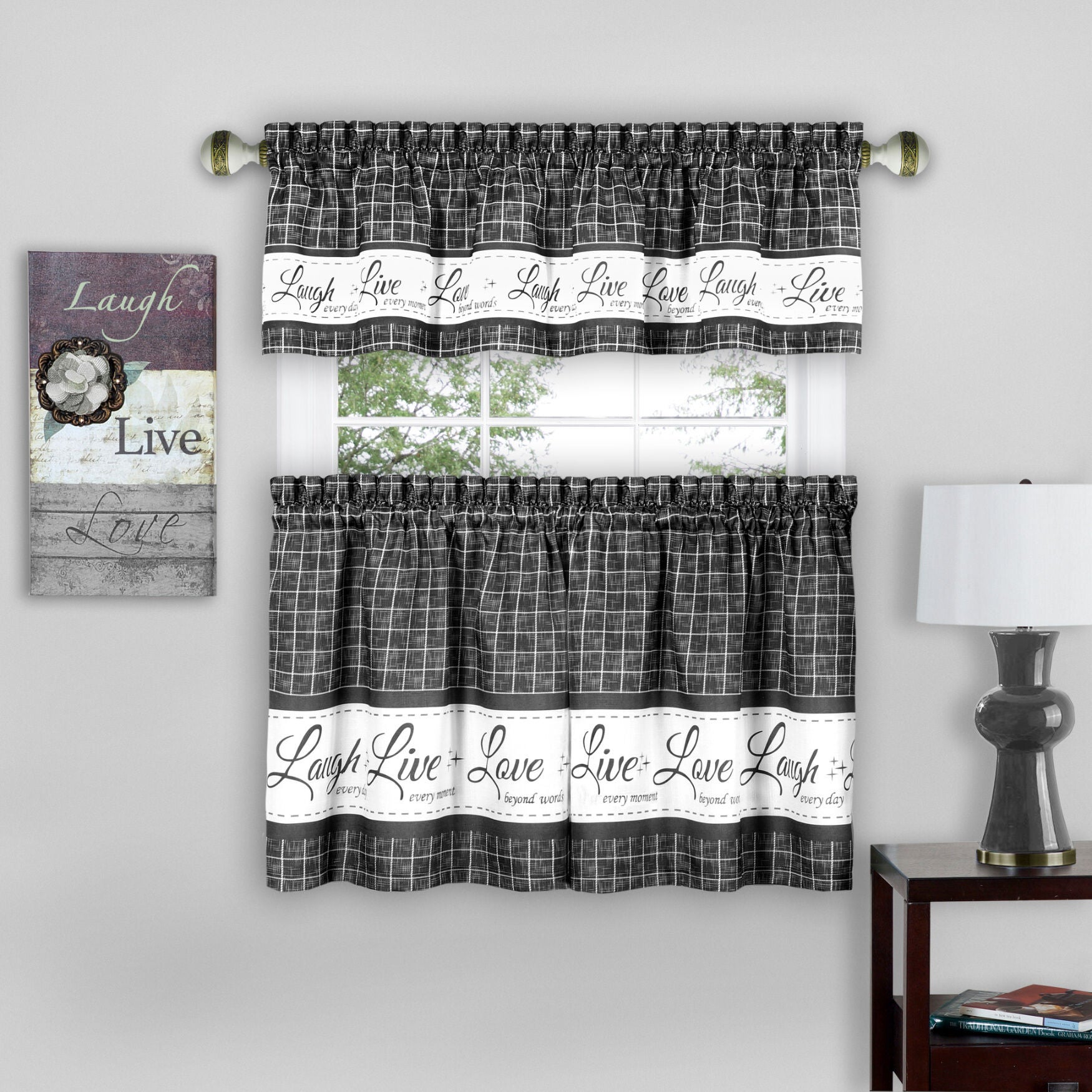 Live, Love, Laugh Window Curtain Tier Pair and Valance Set - 58x36, , alternate image number 3
