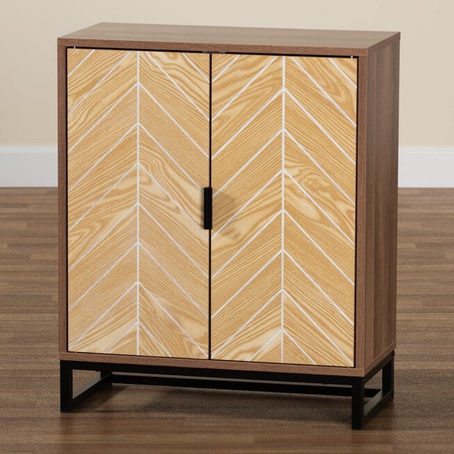 Josephine Mid-Century Modern Transitional Two-Tone Walnut And Natural Brown Finished Wood And Black Metal 2-Door Storage Cabinet, , alternate image number 8