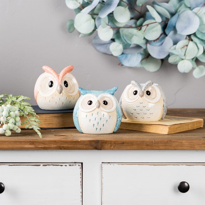 Whimsical Pastel Terra Cotta Owl Figurine (Set of 12), BLUE PINK GREY, alternate image number null