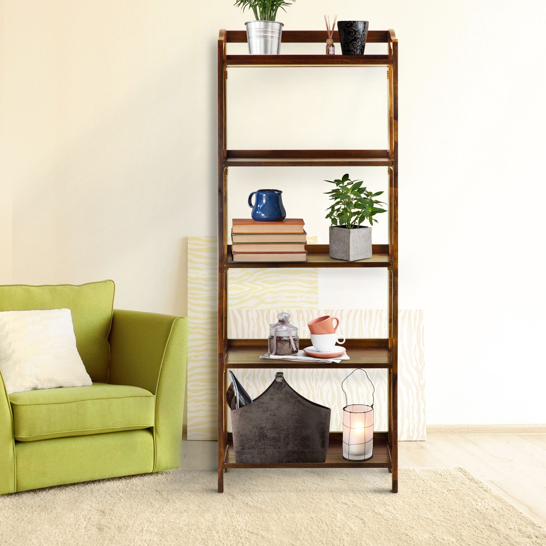 Stratford 5-Shelf Folding Bookcase-Warm Brown, , alternate image number 8