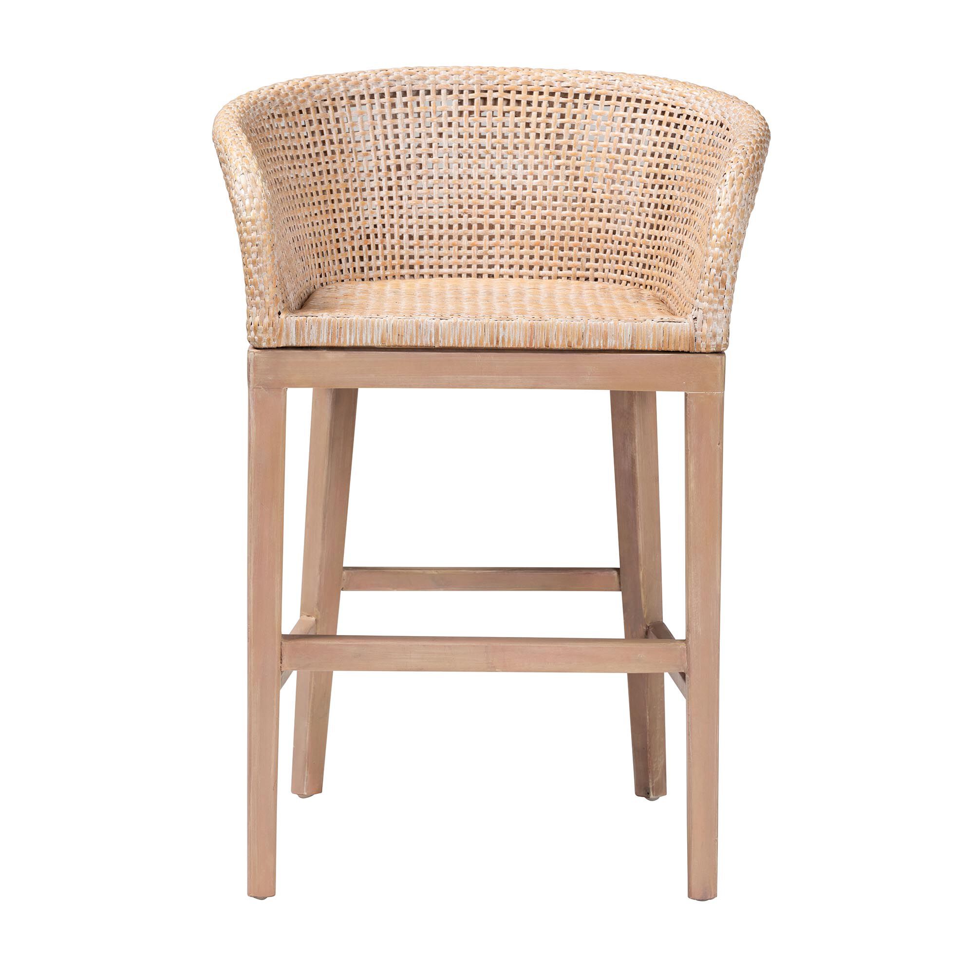 Papua Modern Bohemian Antique White Washed Rattan and Mahogany Wood Counter Stool, BROWN, alternate image number 2