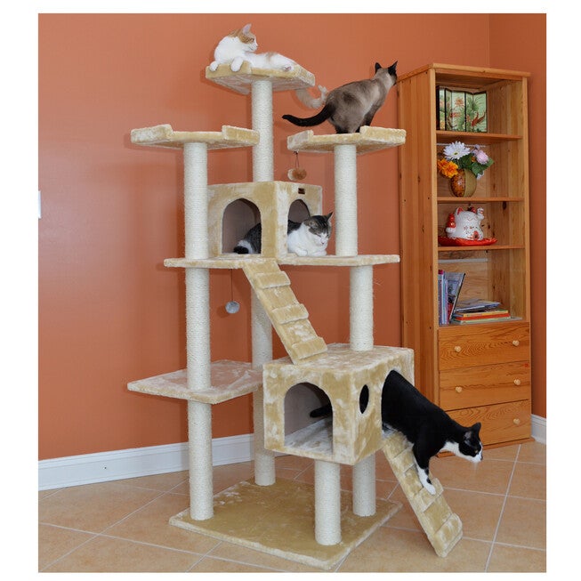 Multi-Level 74 inches Real Wood Cat Tree Play Furniture With Sratchhing Posts, Large Playforms, , alternate image number null