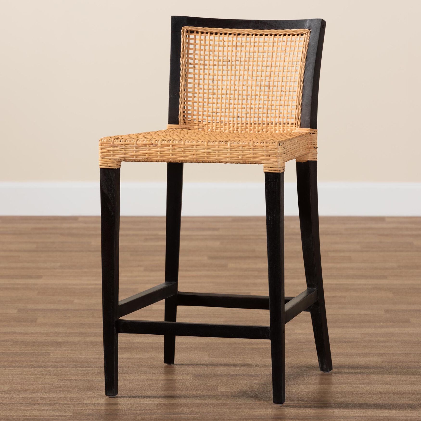Lingga Modern Bohemian Dark Brown Mahogany Wood And Natural Rattan Counter Stool, , alternate image number 8