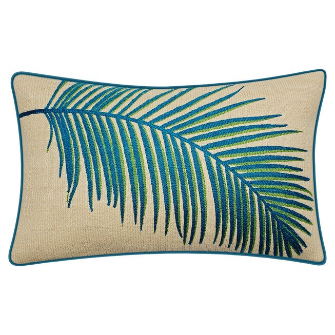 New York Botanical Garden® Indoor/Outdoor Raffia Embroidered Palm Frond Decorative Throw Pillow 12X20, Turq Multi, TURQUOISE MULTI, hi-res image number null