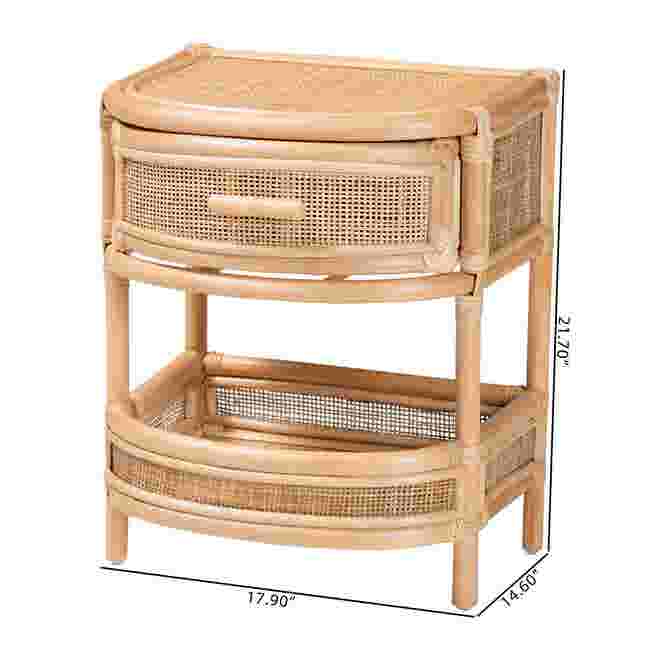 Natural rattan nightstand with dimensions labeled.