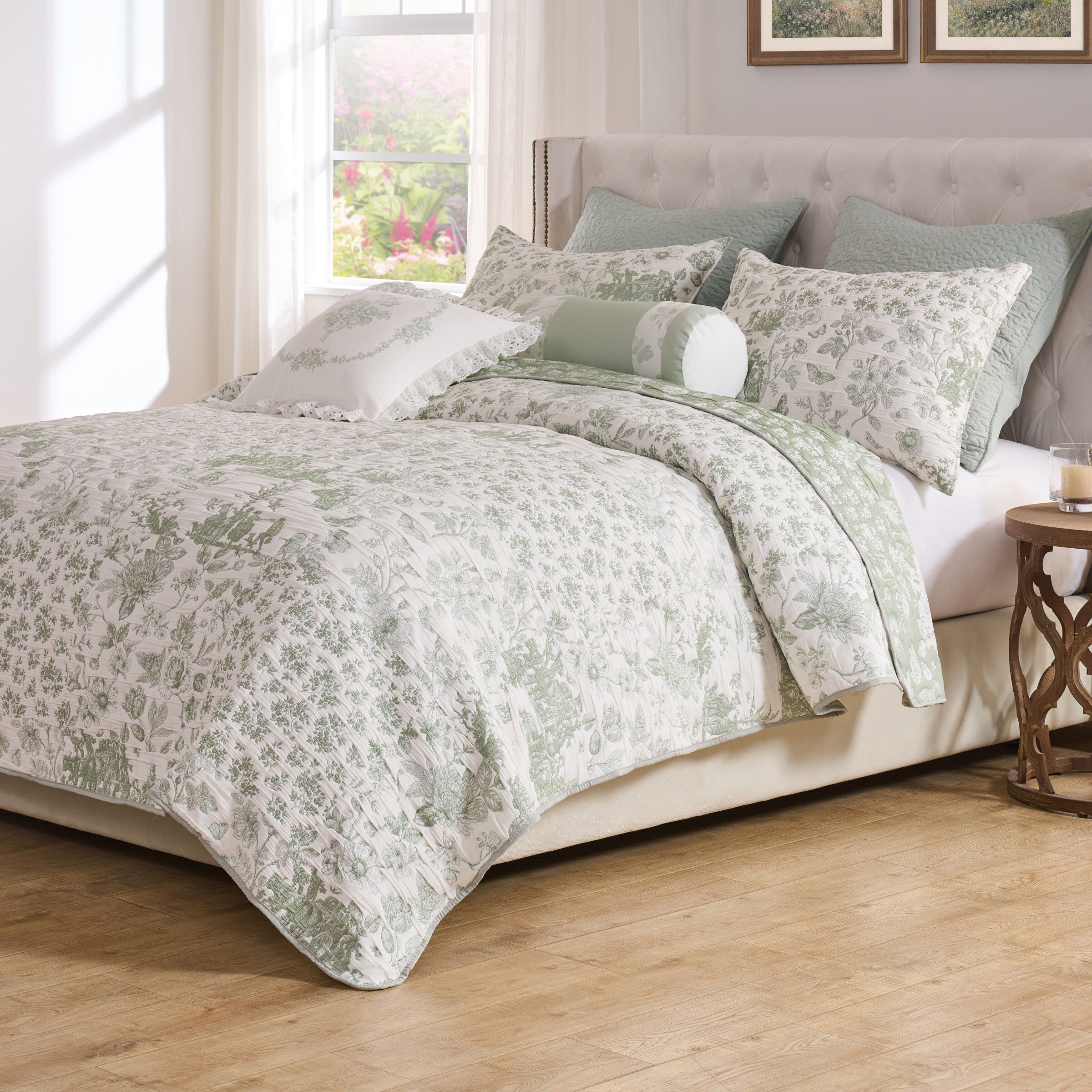 Patchwork Toile Classic Floral Coverlet Set, SAGE, alternate image number 1