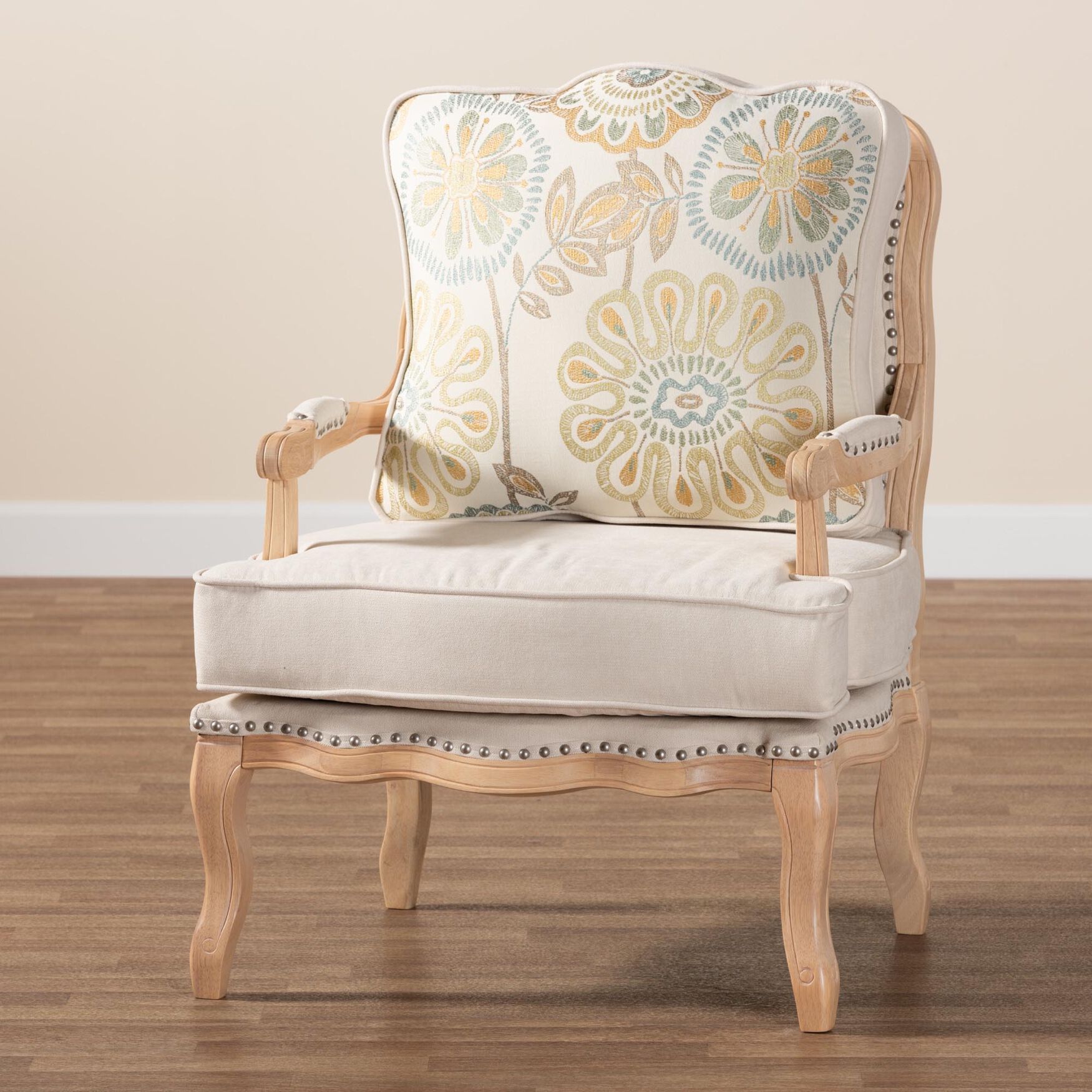 Andre Traditional French Quilted Fabric And Whitewash Finished Wood Accent Chair, , alternate image number 8