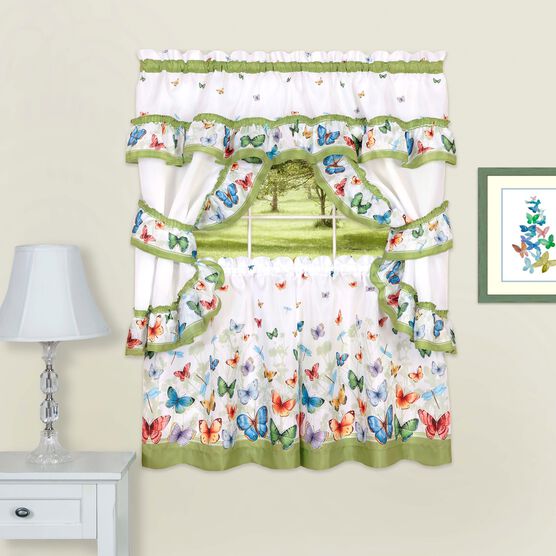 Butterflies Printed Cottage Window Curtain Set, GREEN, hi-res image number null