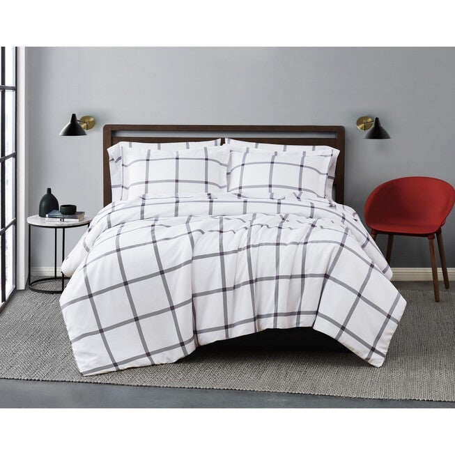 Printed Windowpane 3-Piece Duvet Cover Set, WHITE CHARCOAL GREY, hi-res image number 0