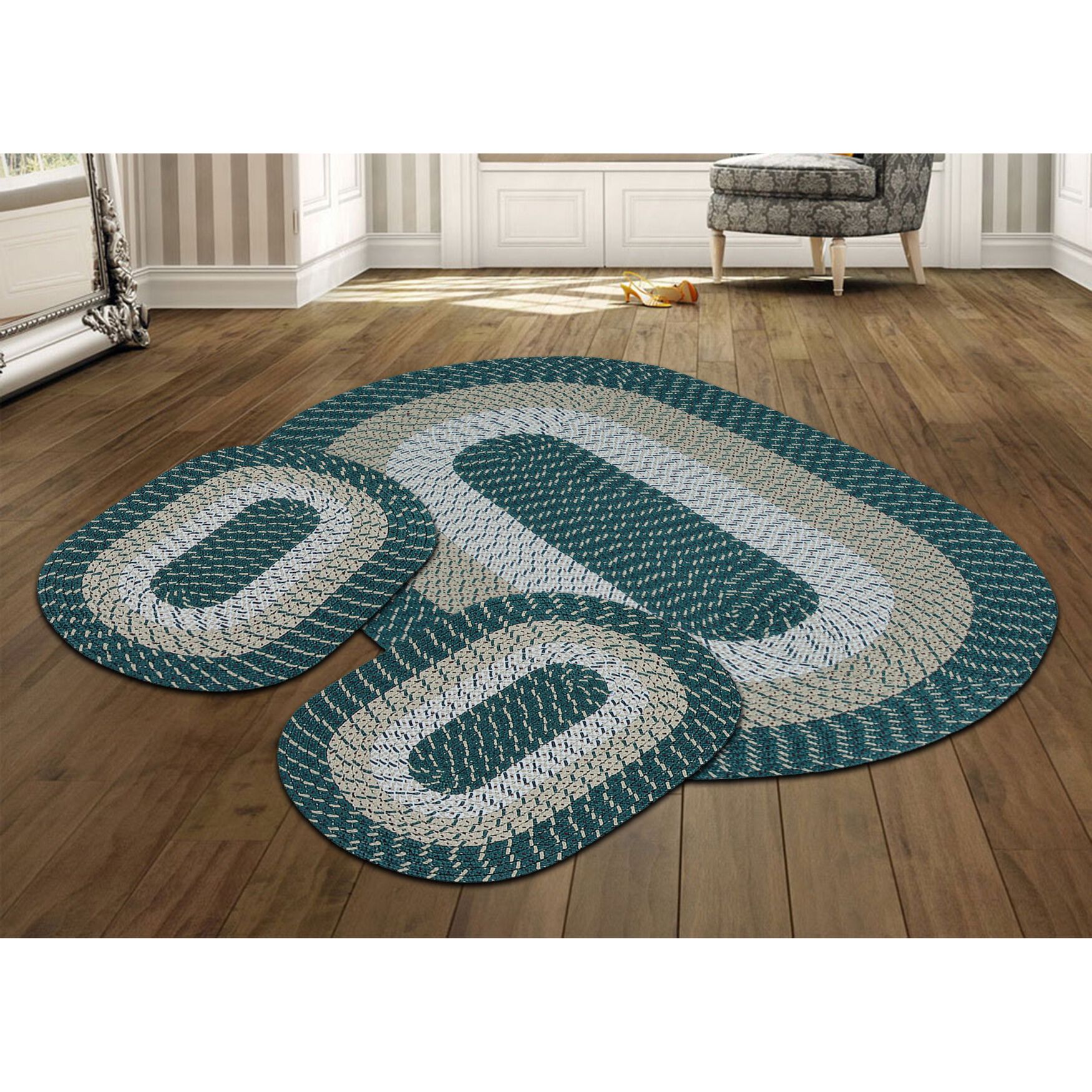 Country Braid Collection 3pc Set Stain Resistant Reversible Indoor Oval Area Rug, HUNTER STRIPE, hi-res image number 0