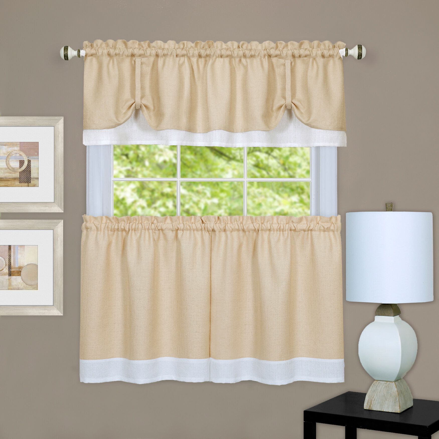 Darcy Window Curtain Tier and Valance Set, TAN WHITE, hi-res image number 0