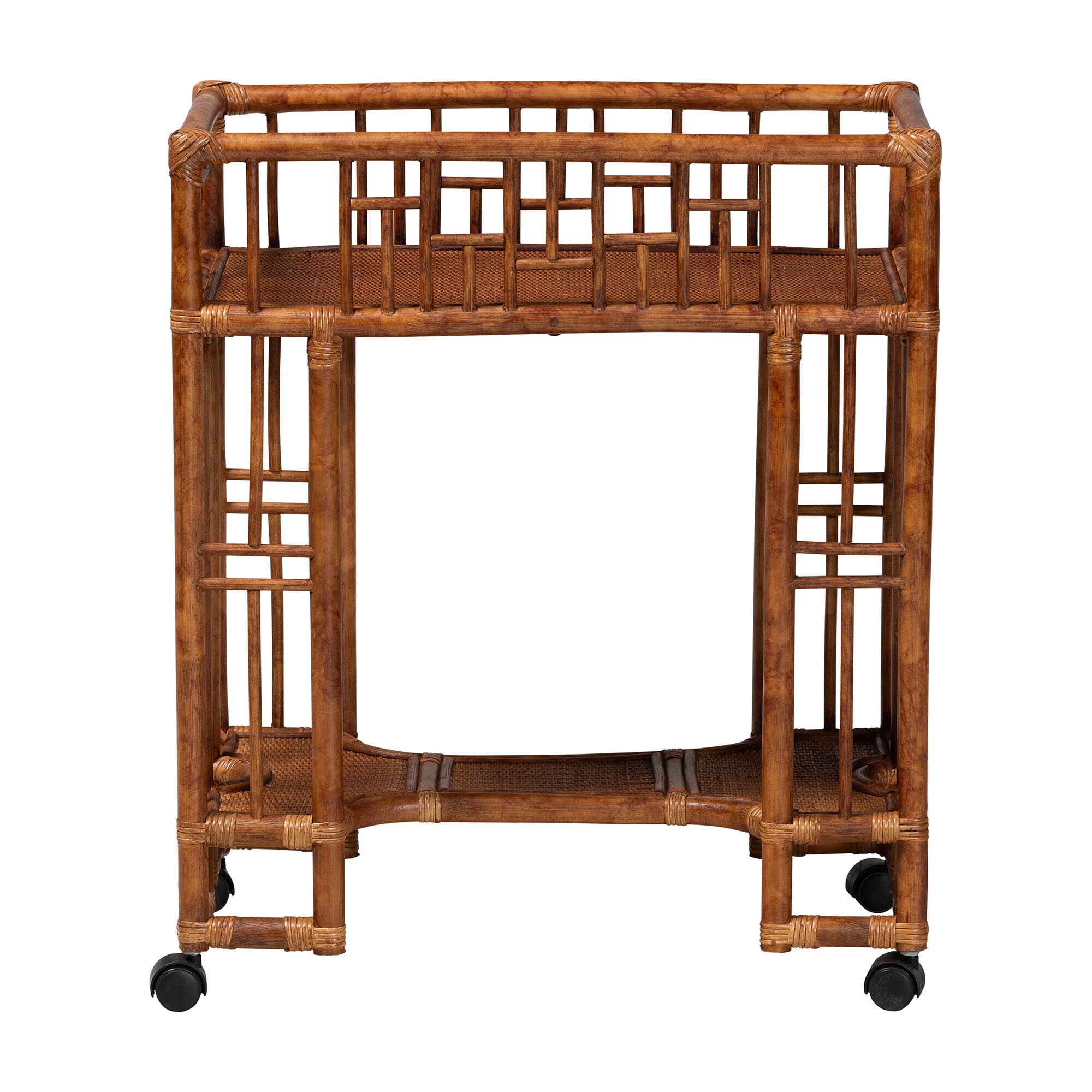 Tahlia Marbled Tortoise Rattan Kitchen Cart with Open Shelf, BROWN, alternate image number 3
