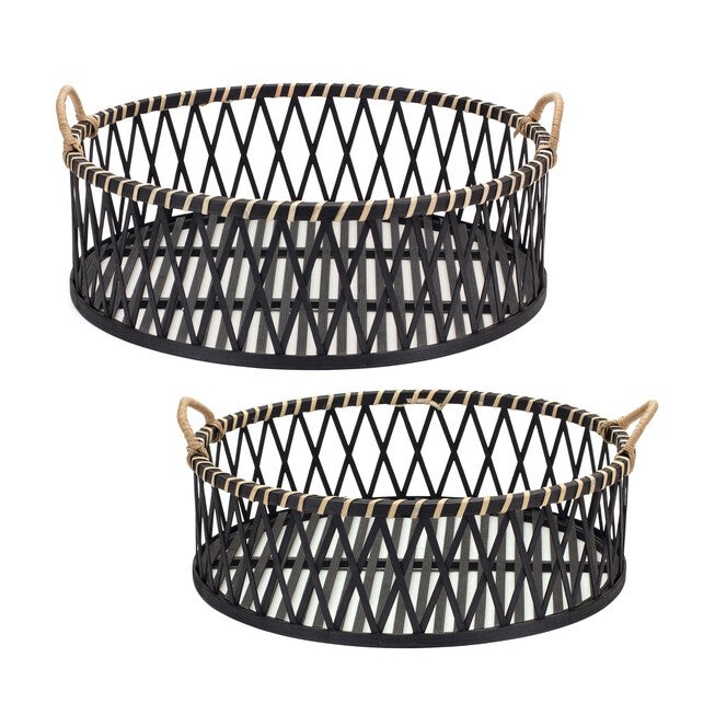 Round Tray (Set of 2) 17.5 inchesD x 5.5 inchesH, 19.5 inchesD x 6.5 inchesH Bamboo/Rattan, BLACK/BROWN, hi-res image number null