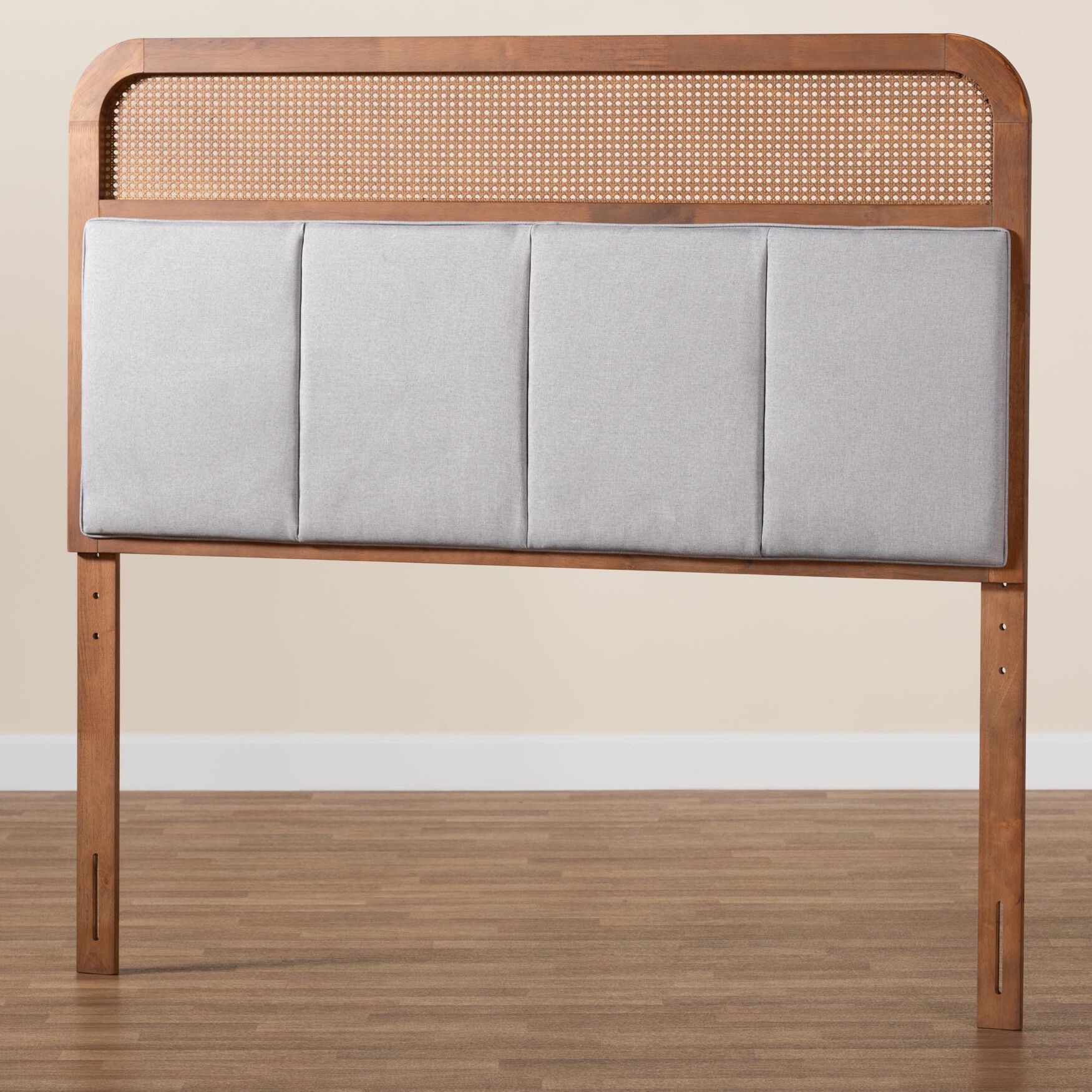 Esti Mid-Century Modern Light Grey Fabric And Ash Walnut Finished Wood King Size Headboard With Rattan, , alternate image number 4