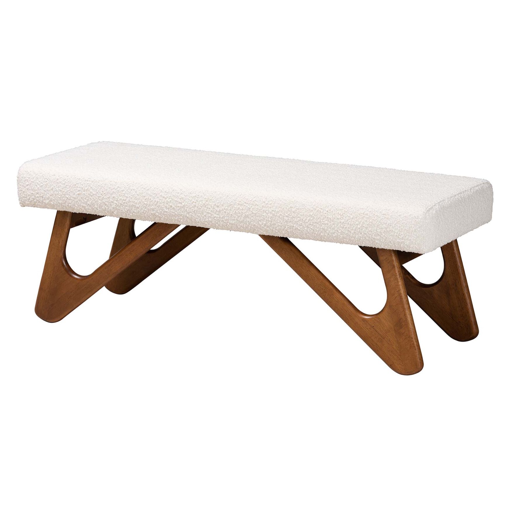 Rika Japandi Cream Boucle Fabric And Walnut Brown Finished Wood Bench, CREAM WALNUT BROWN, hi-res image number 0
