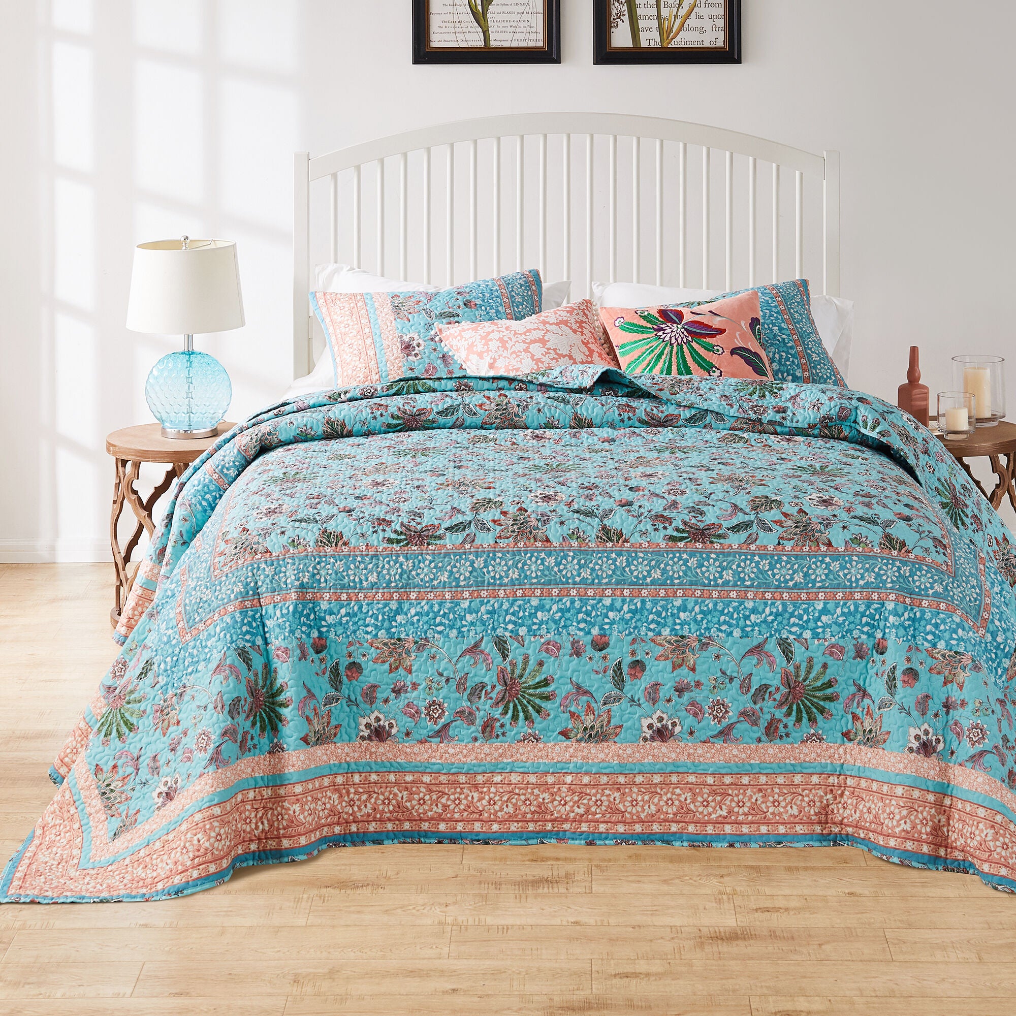 Audrey Reversible Cotton-Rich Bedspread Set, TURQUOISE, hi-res image number 0