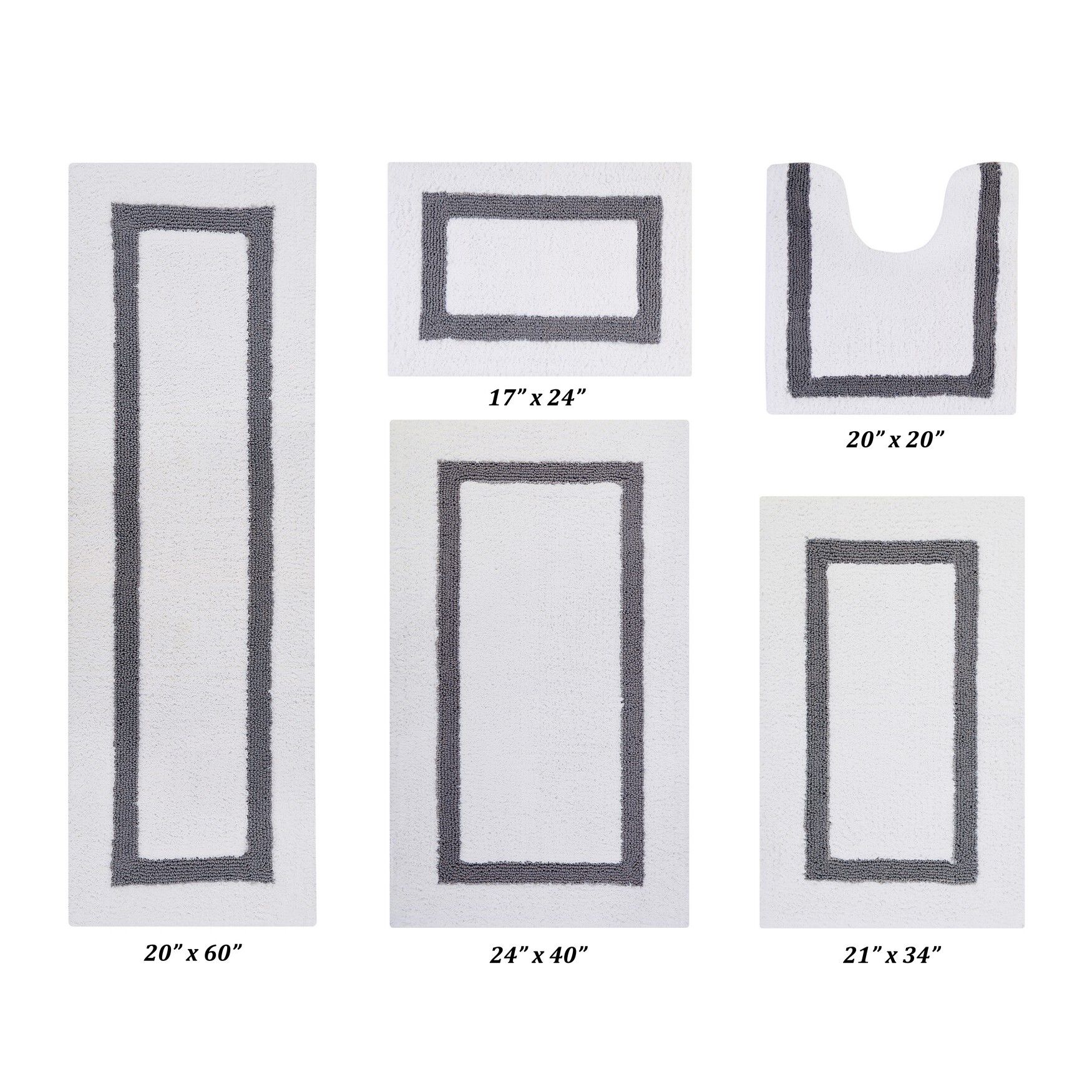 Hotel Collections Bath Mat Rug 5 Piece Set (17 inches X 24 inches | 20 inches X 20 inches | 21 inches X 34 inches | 24 inches X 40 inches | 20 inches X 60 inches), WHITE GRAY, hi-res image number 0